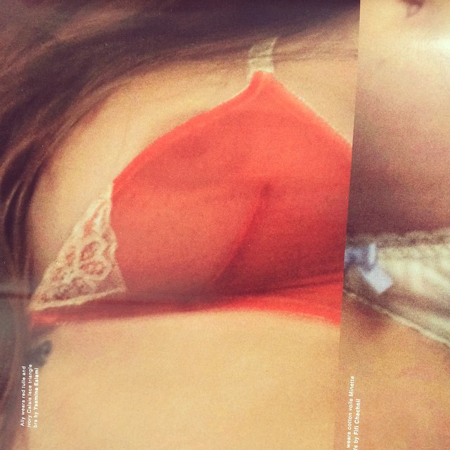 YASMINE ESLAMI red tulle and ivory Calais lace triangle bra featured in LOVE magazine @lovemagazineinsta @yasmineeslami @kegrand #yasmineeslami #love #lingerie #press